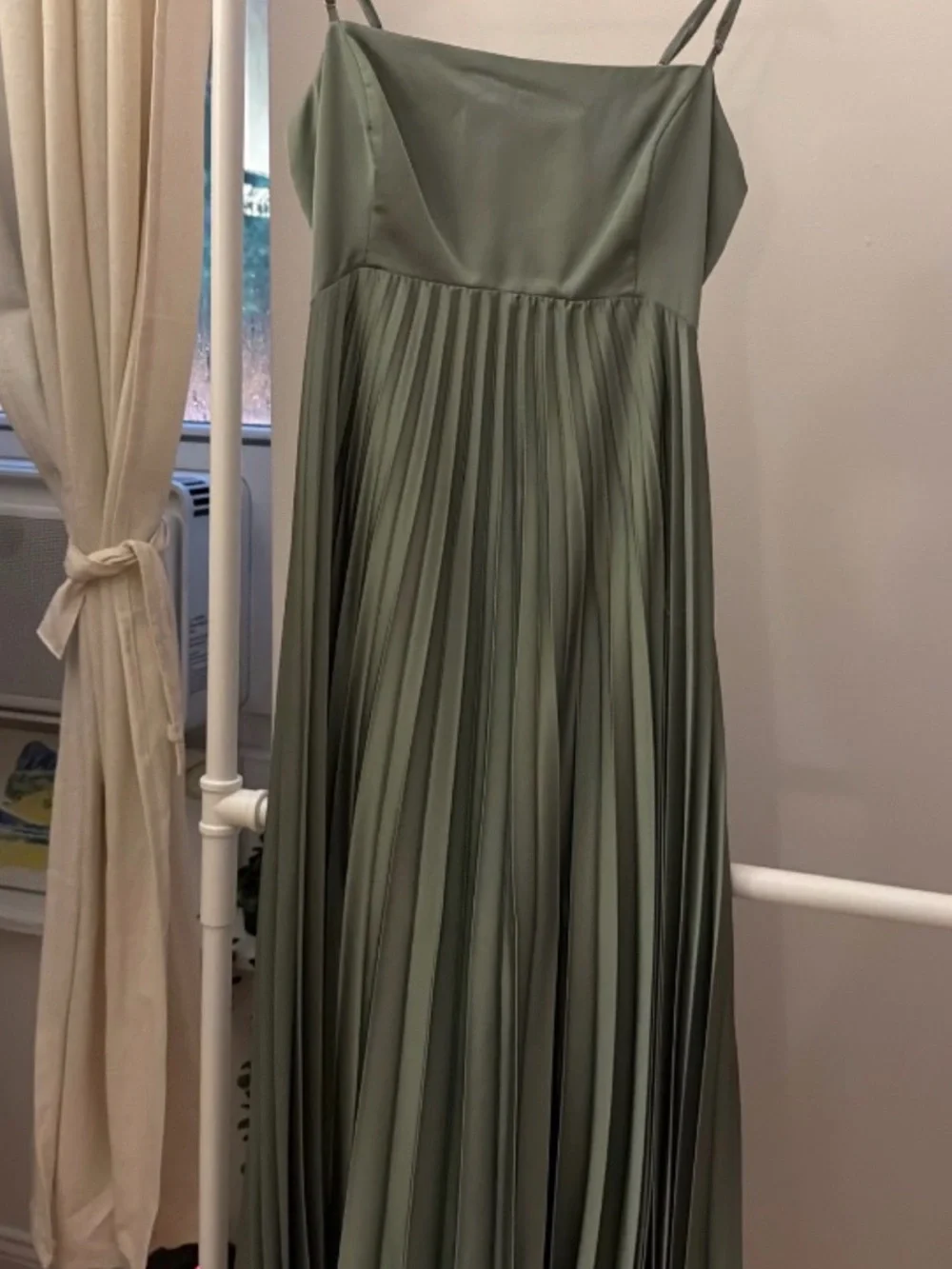 Abercrombie & Fitch Olive Green Pleated Spaghetti Strap Maxi Dress